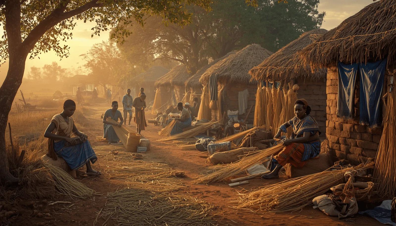 African village people weaving hemp fibre