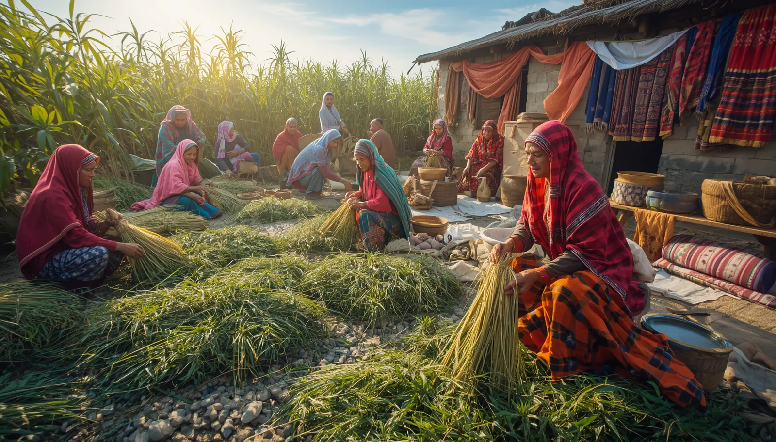 Traditional Indian village hemp processing